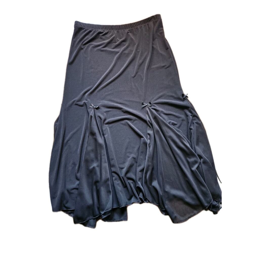 Y2K Ceci Black Midi Skirt 1X Sheer Chiffon Godet Panels Bow Detail Romantic Goth